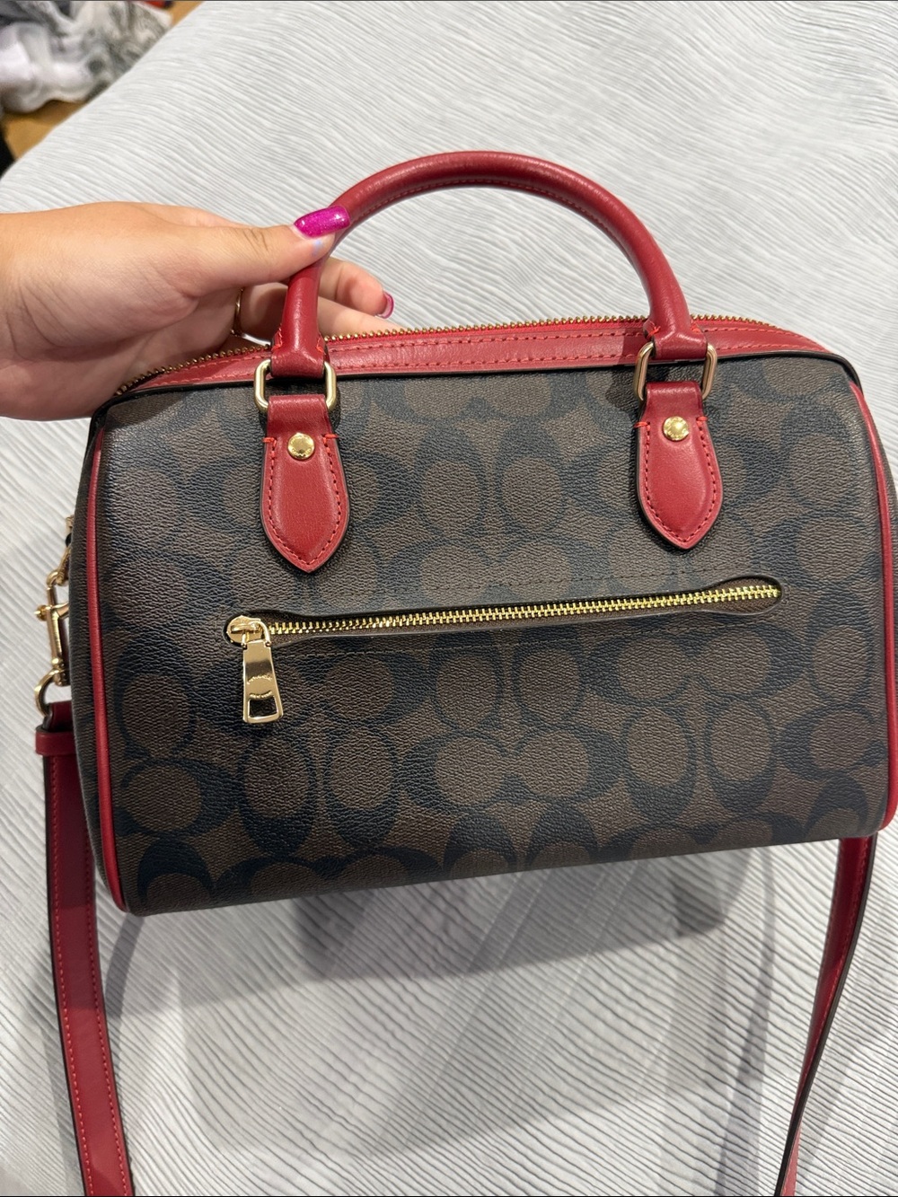 Coach Brown Signature Satchel with Red Leather Trim - Picture 3 of 3